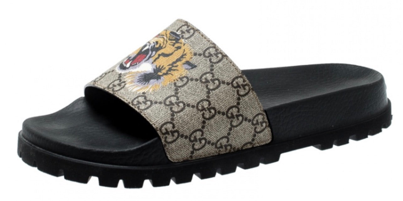 Gucci Beige Tiger Print Sliders - UK 8