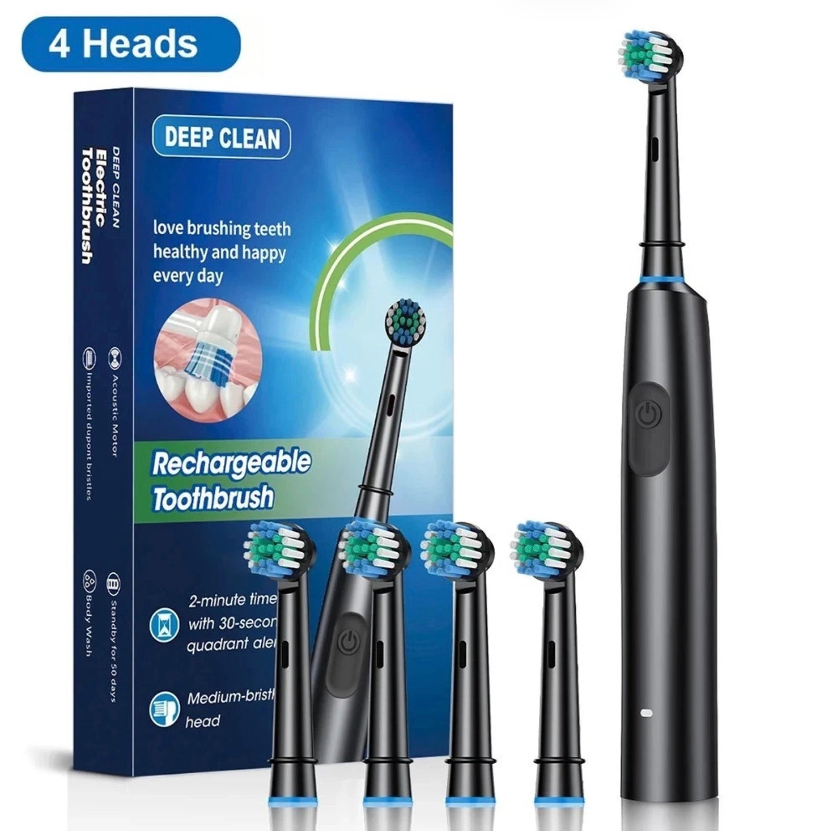 Electric Rotating Toothbrush Deep Clean Whitening Rechargeable + 4/8 Brush Heads 🏴