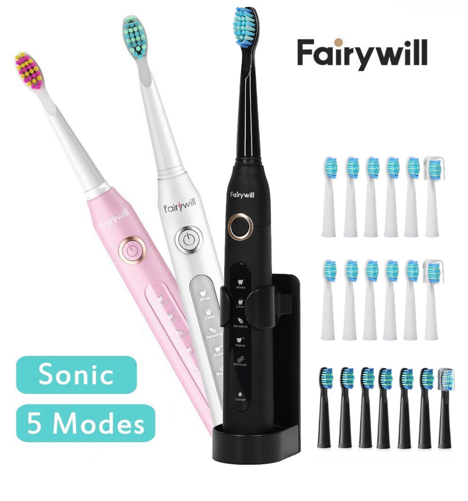 Fairywill Sonic Electric Toothbrush FW507 Rechargeable Timer Black White Pink 🏴
