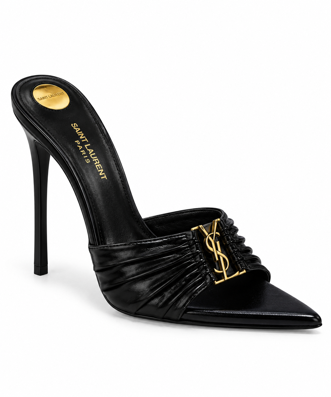 Saint Laurent Black Patent Leather Logo Mule Stiletto Heels - Authenticity Guaranteed