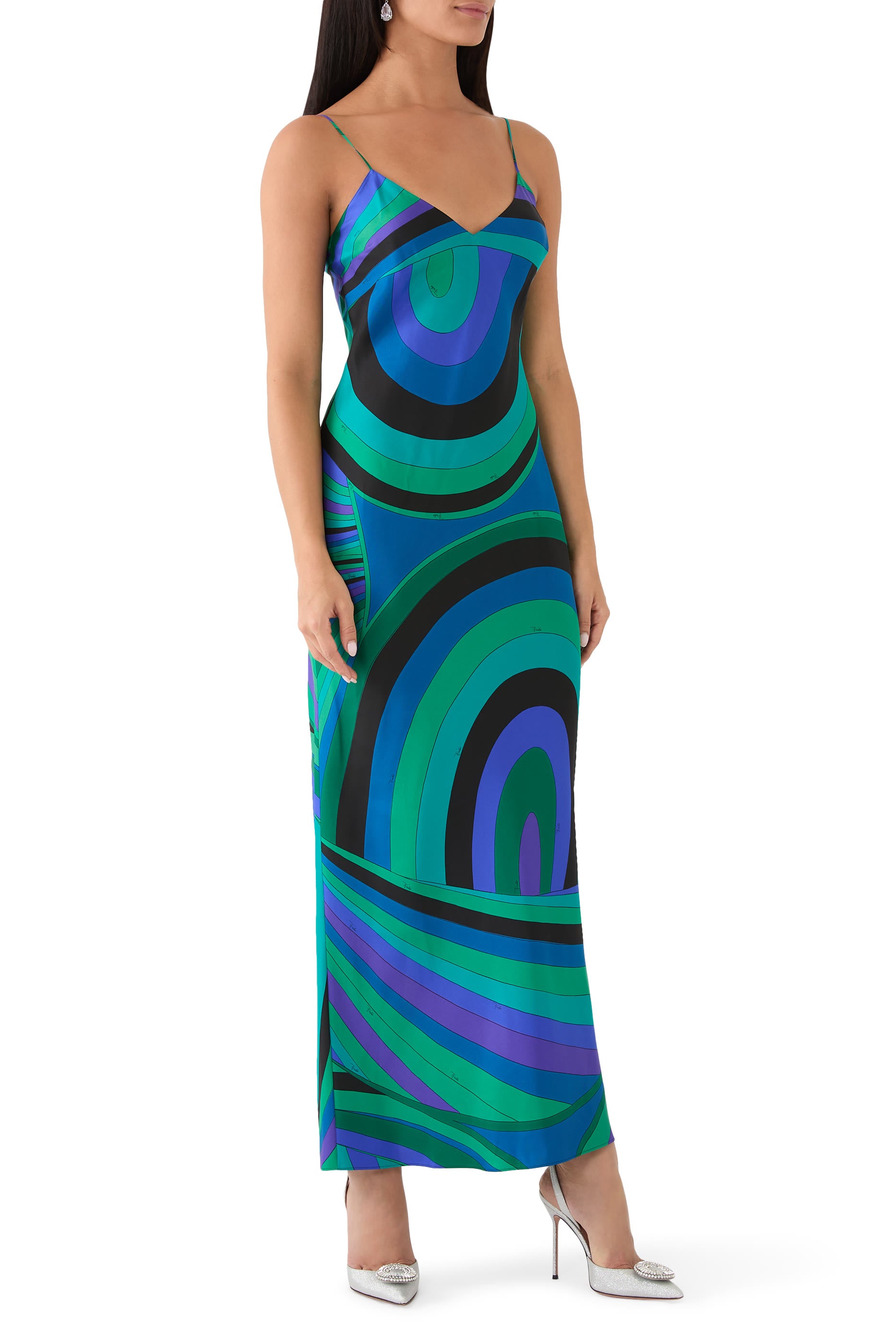 Pucci Blue and Green Print Slip Maxi Dress - Size UK M