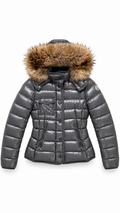 Women’s Moncler Armoise Grey Fur Hood Puffer Jacket - Authenticity Guaranteed