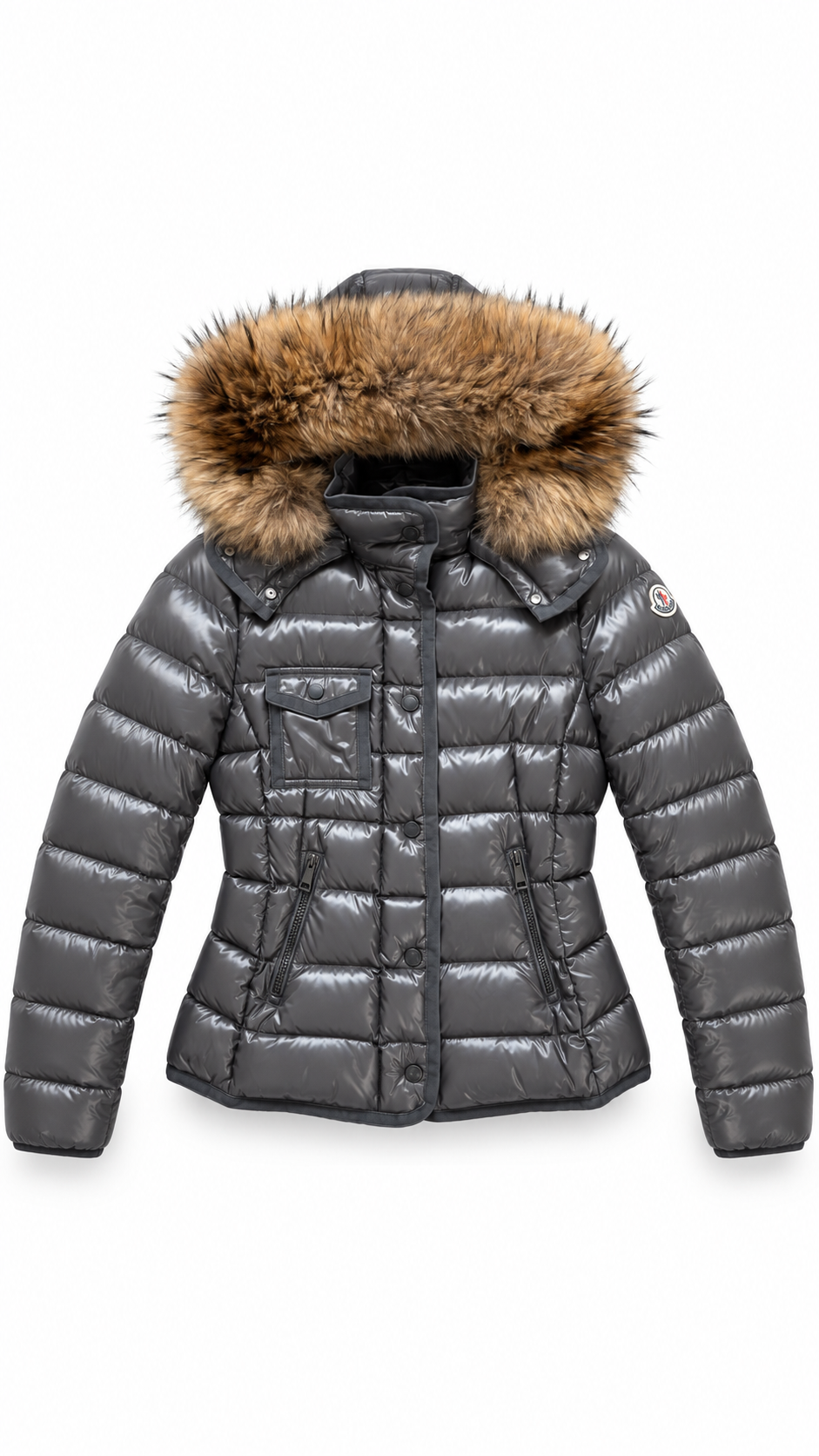 Women’s Moncler Armoise Grey Fur Hood Puffer Jacket - Authenticity Guaranteed