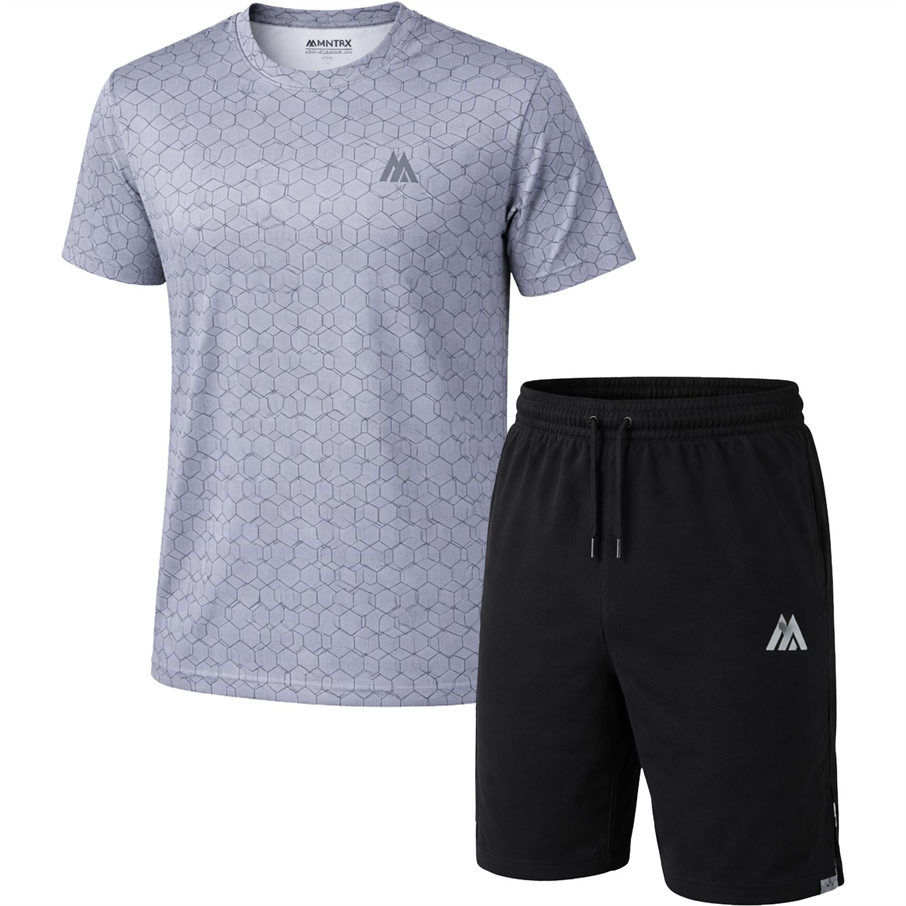 MNTRX Mens Breathable Gym Set Geometric T Shirt Shorts 4 Way Stretch Quick Dry - grey - New🏴