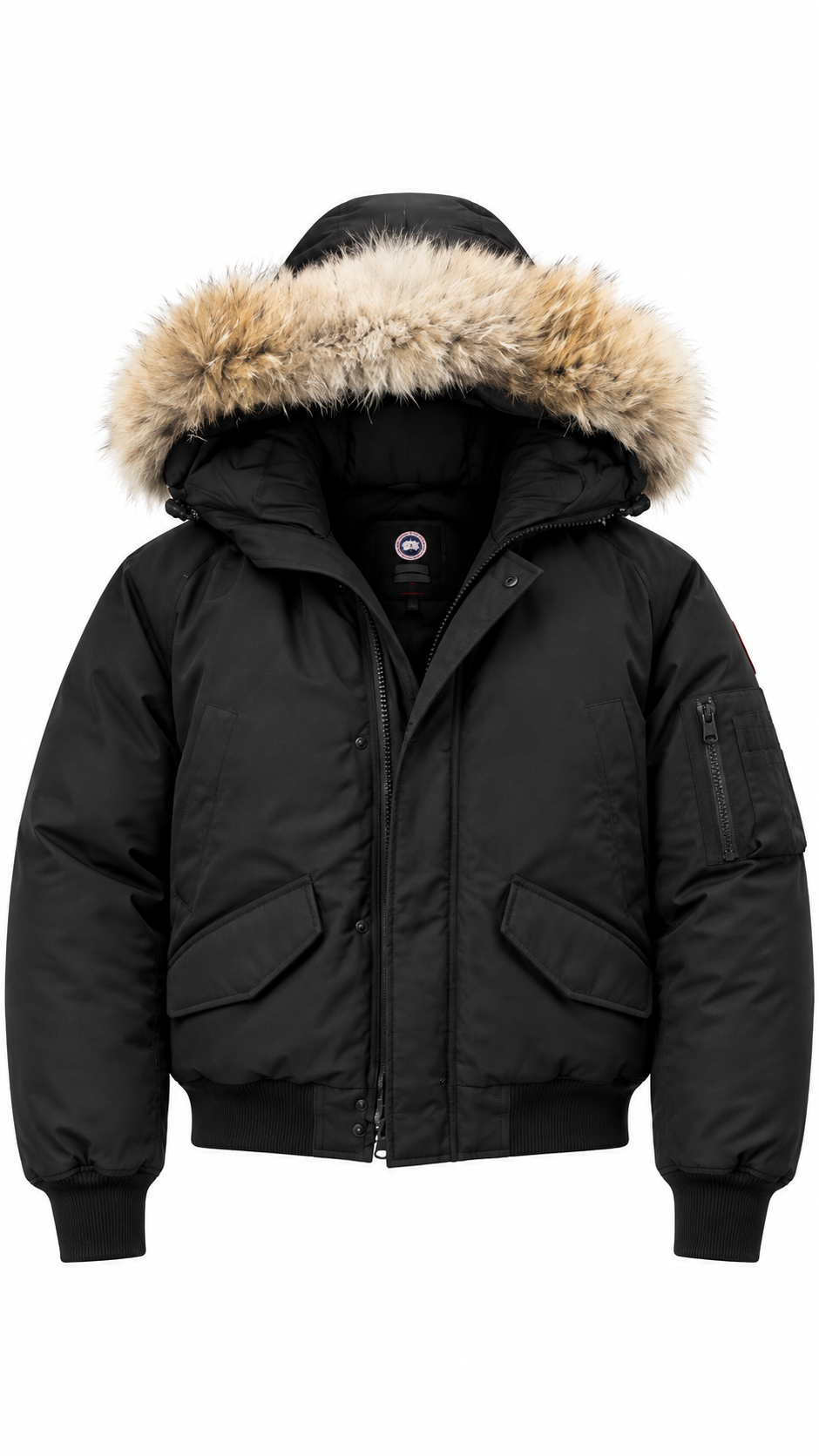 Canada Goose Chilliwack Men’s Black Hooded Fur Trim Bomber Jacket Zip - Authenticity Guaranteed