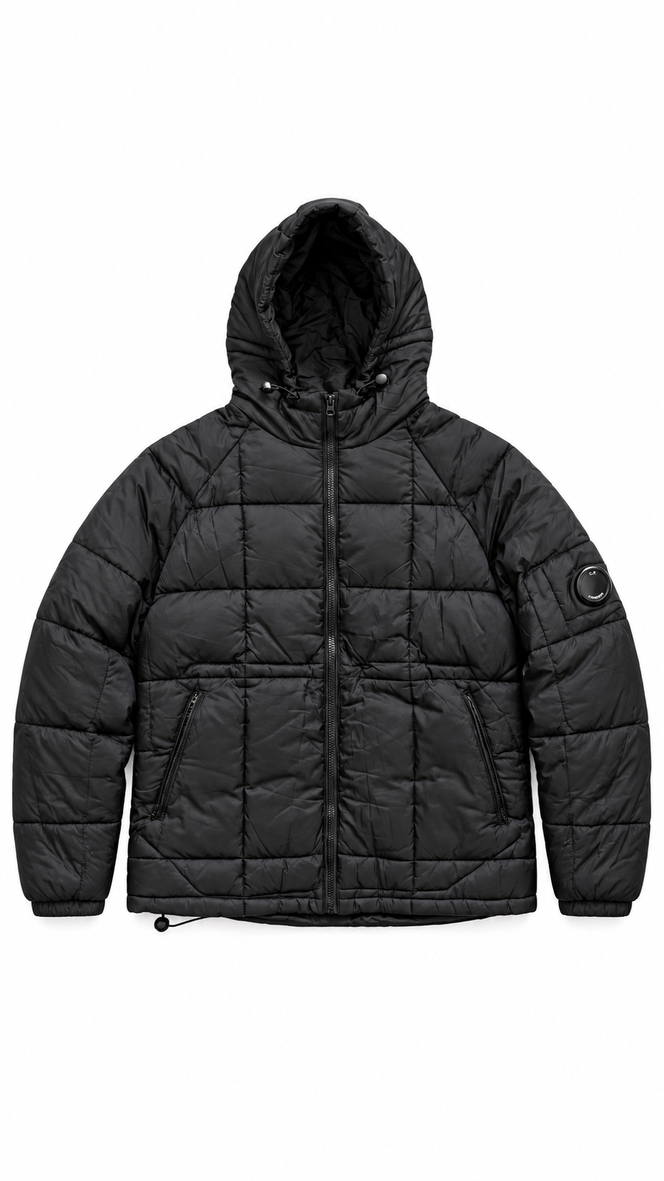 C.P. Company CP Men’s Black Hooded Nylon Puffer Jacket Zip Logo - Authenticity Guaranteed