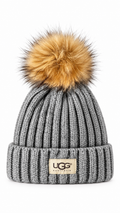 UGG Grey Knit Acrylic Beanie Hat One Size Pom Pom Logo Womens