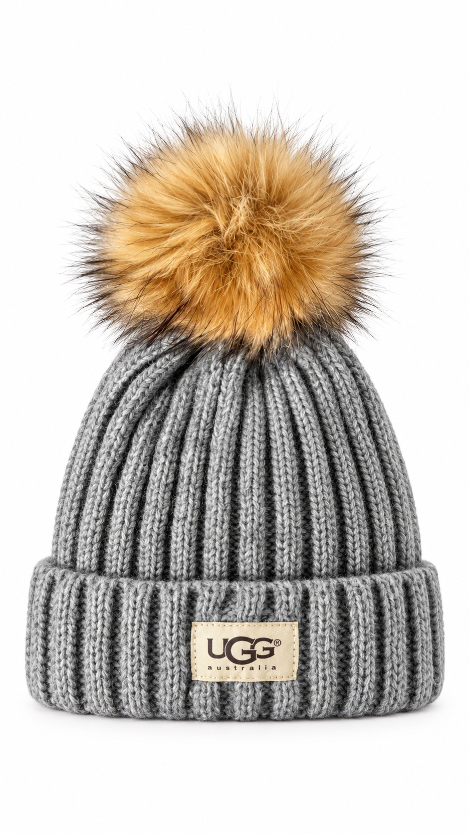 UGG Grey Knit Acrylic Beanie Hat One Size Pom Pom Logo Womens