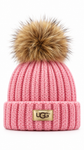 UGG Pink Knit Acrylic Beanie Hat One Size Pom Pom Logo Womens