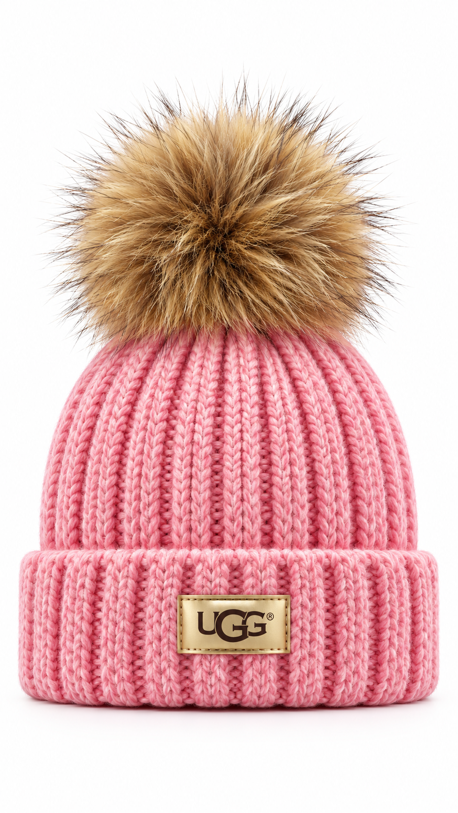 UGG Pink Knit Acrylic Beanie Hat One Size Pom Pom Logo Womens
