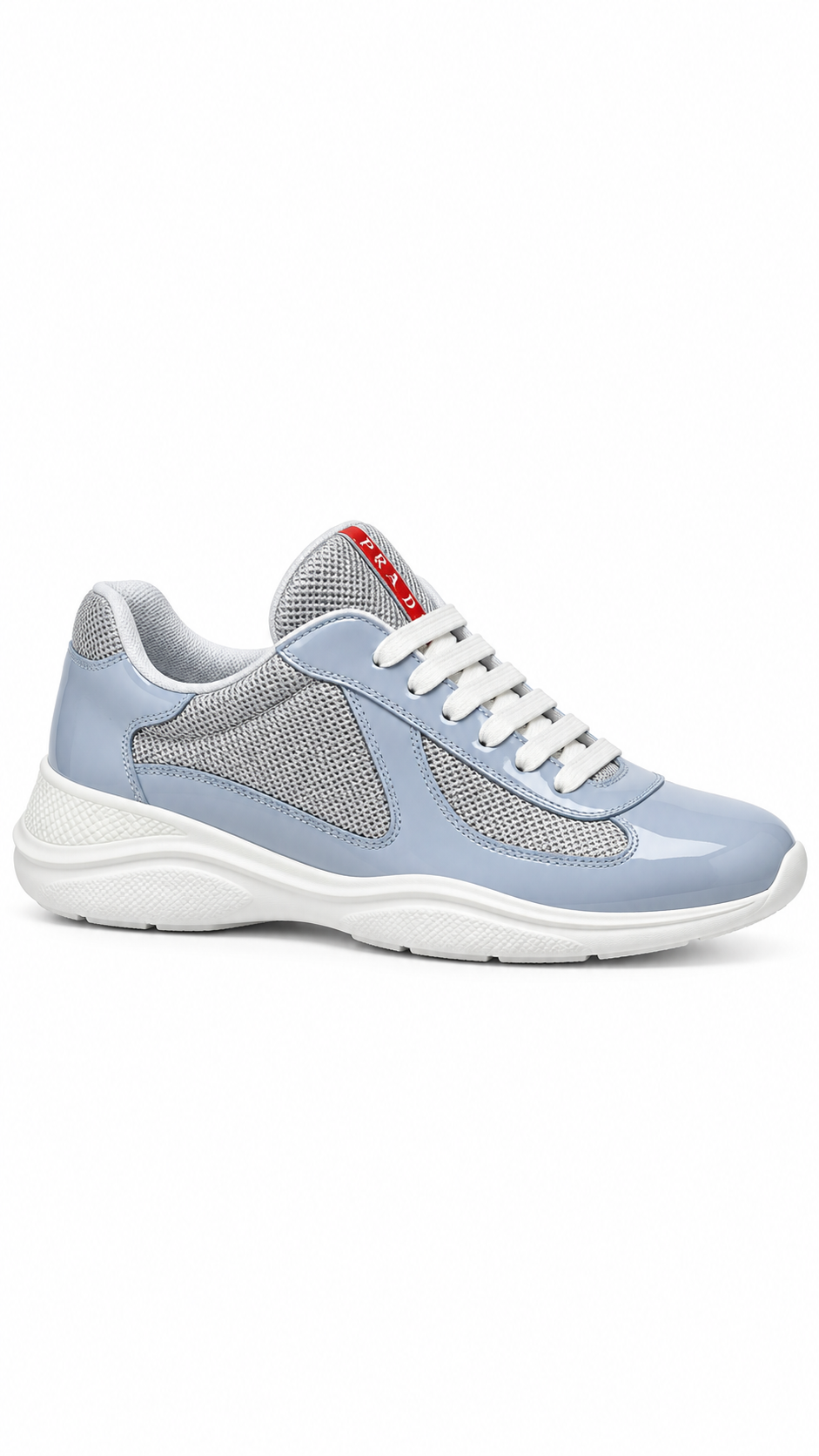 PRADA Men's Americas Sneakers Cup Patent Leather Pearl Silver - Authenticity Guaranteed