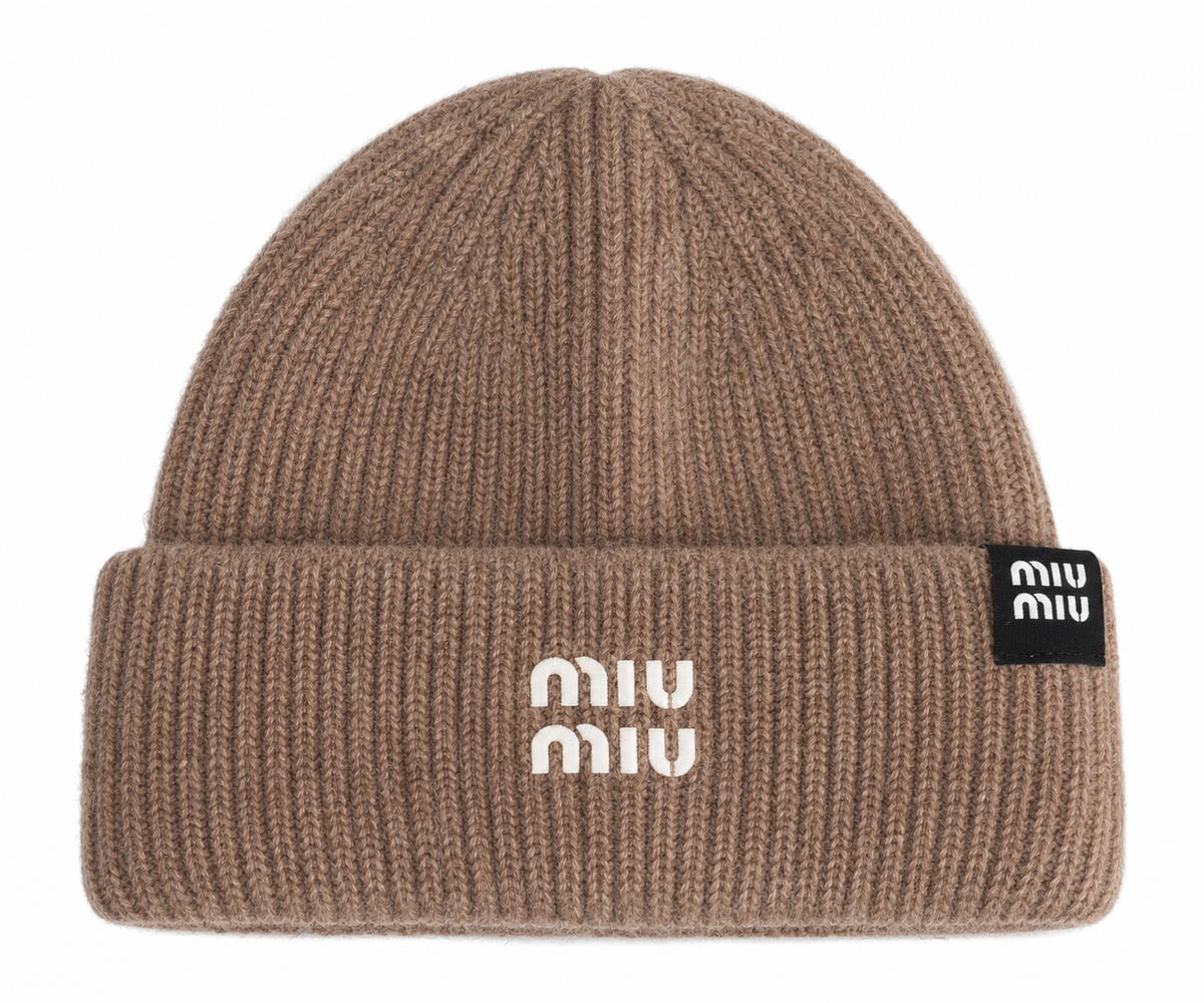 Miu Miu Women’s Brown Ribbed Wool Knit Beanie Hat
