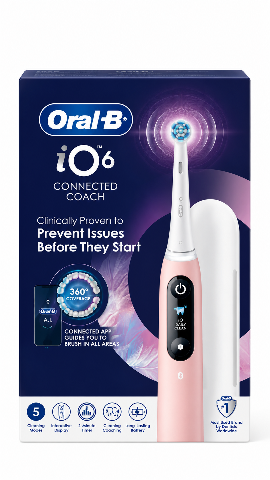 Oral-B iO6 Pink Electric Toothbrush Rechargeable and AI Smart Display + 1 Head