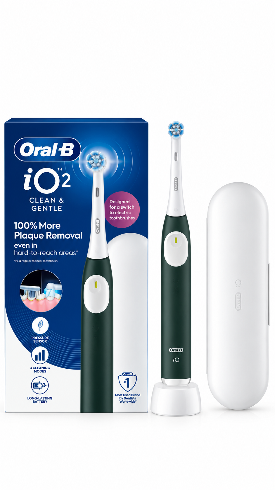 Oral-B iO2 Green Electric Toothbrush Rechargeable with Smart Pressure Sensor +
