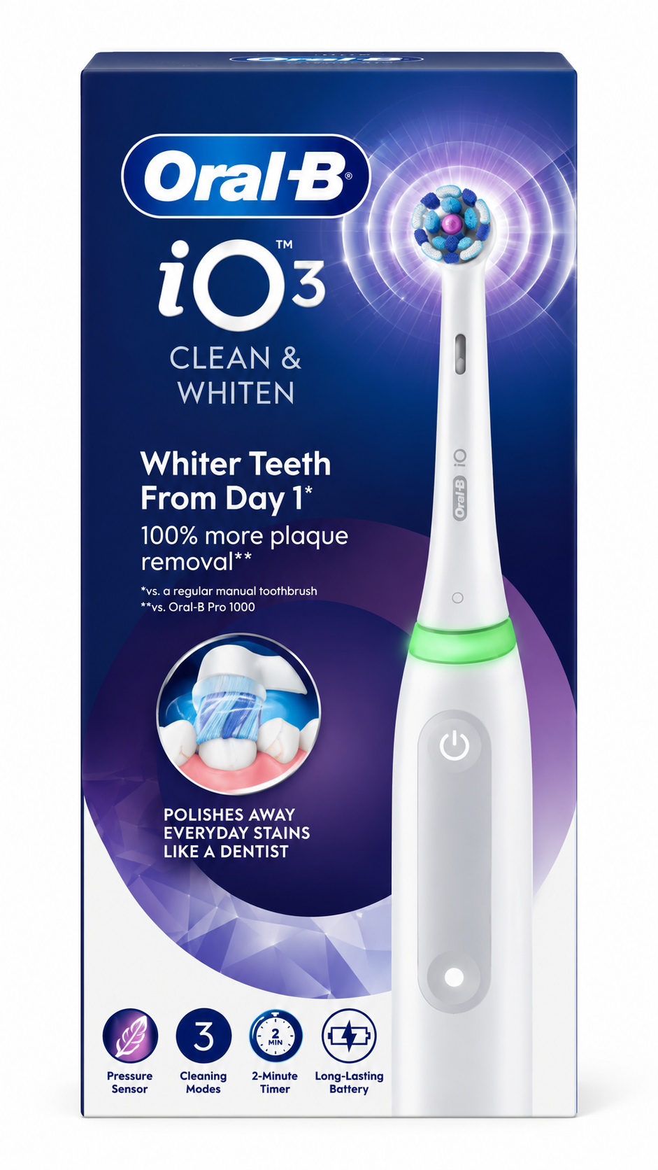 Oral-B iO3 White Electric Toothbrush Rechargeable with Smart Pressure Sensor +