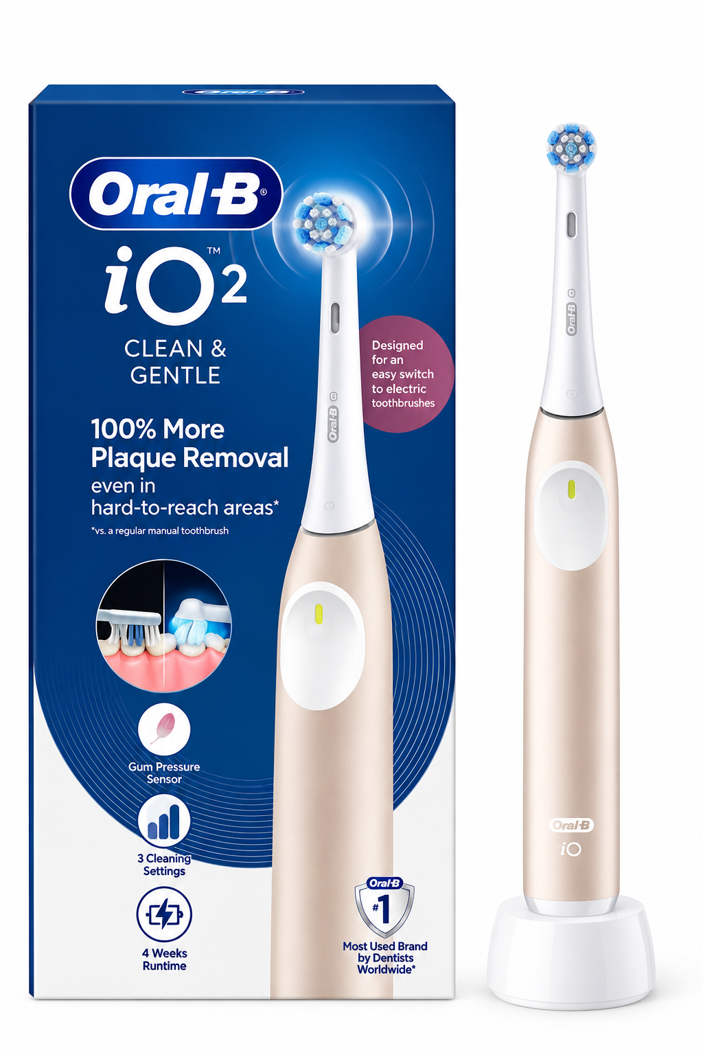 Oral-B iO2 Pink Electric Toothbrush Rechargeable with Smart Pressure Sensor + 1