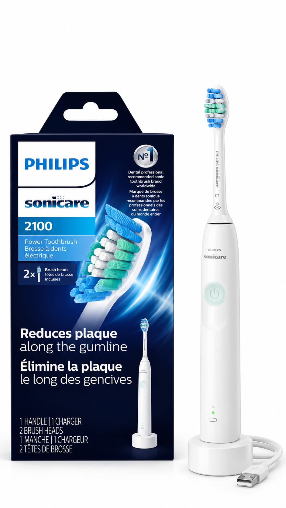 PHILIPS Sonicare 2100 Power Toothbrush, Rechargeable Electric Toothbrush, White