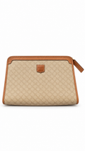 Vintage Celine Macadam Brown Coated Canvas Clutch Bag with Leather Trim - Authenticity Guaranteed