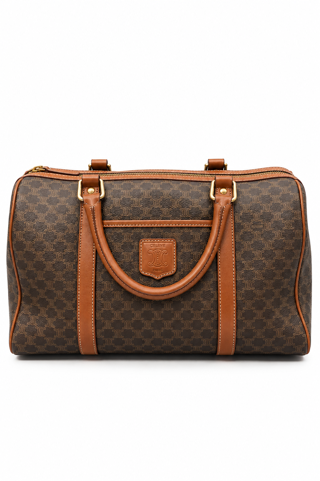 Celine Boston 35 Macadam Pattern Handbag Brown Canvas Leather - Authenticity Guaranteed