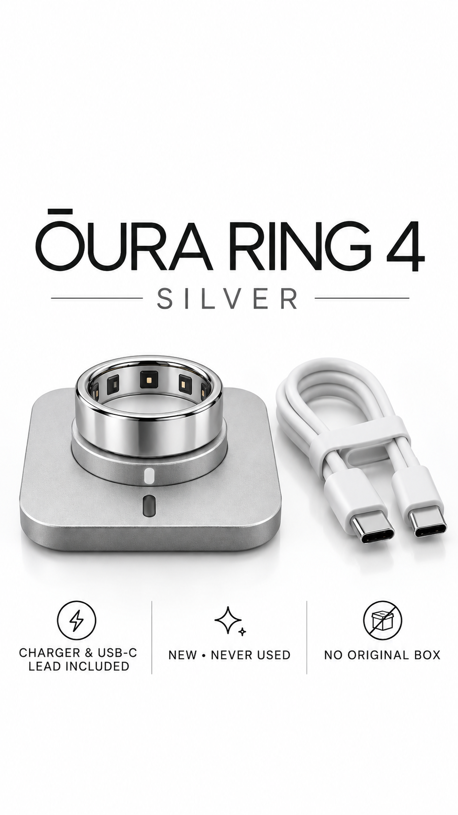 Oura Ring 4 Silver Size 14 Activity Tracker Bluetooth, charging dock & USB Cable
