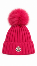 Moncler Pink Wool Knit Beanie Hat with Pom Pom & Logo I Authenticity Guaranteed