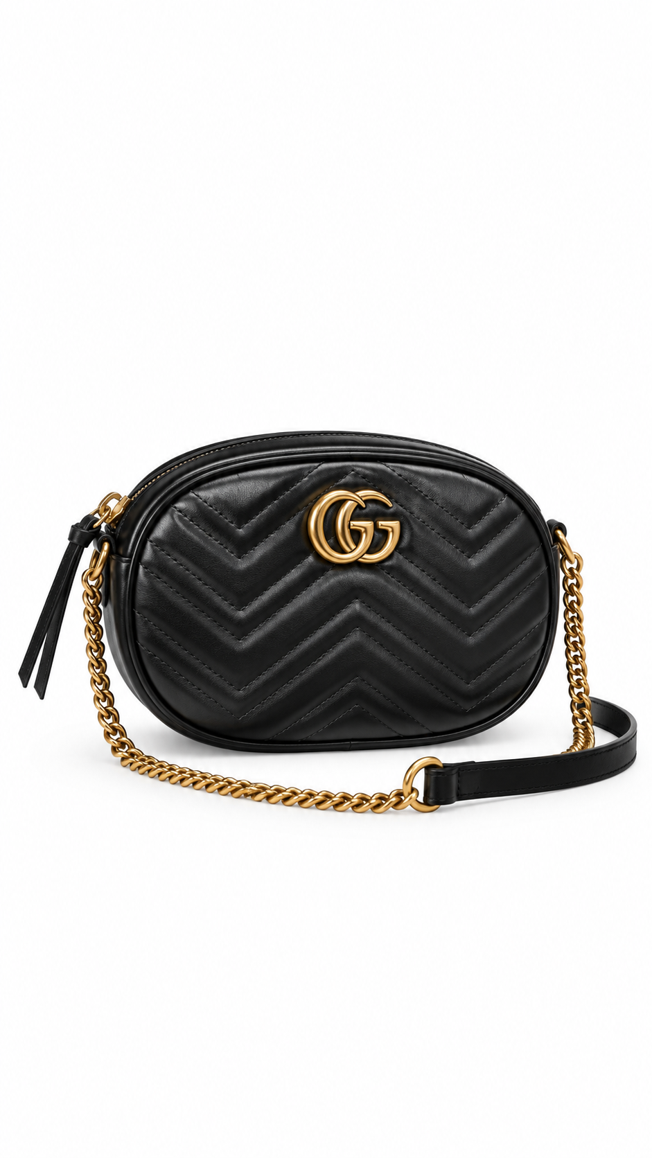 Gucci Black Leather GG Logo Chevron Quilted Round Zip Crossbody Chain Strap I Authenticity Guaranteed
