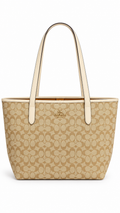 Coach Signature Logo Canvas/Leather Mini Tote Bag Beige/White Magnetic Top Pockets I Authenticity Guaranteed