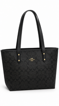 Coach City Tote Large Signature Logo Leather Zip Top Tote Black/Brown Gold I Authenticity Guaranteed