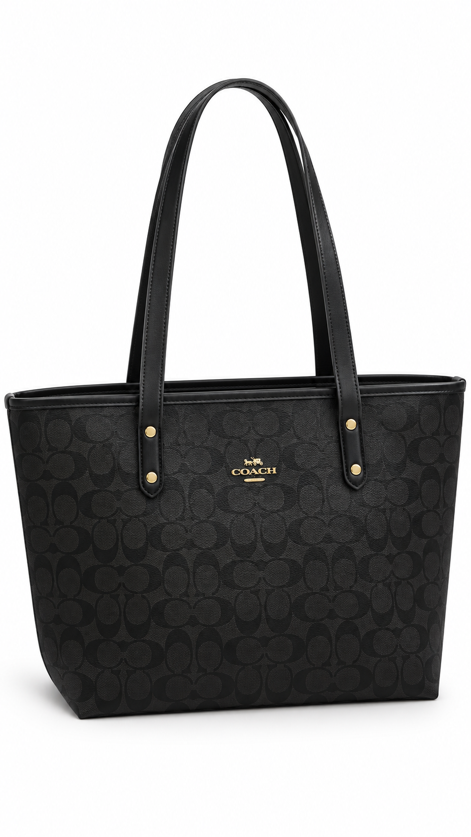 Coach City Tote Large Signature Logo Leather Zip Top Tote Black/Brown Gold I Authenticity Guaranteed
