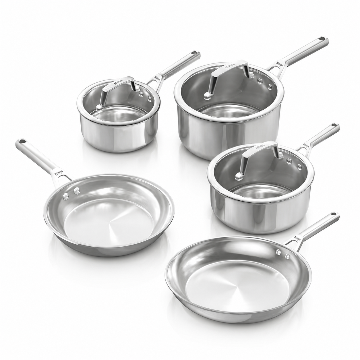 Ninja EverClad Stainless Steel 3-Piece Saucepan Set with Lids & Stainless Steel 2-Piece Frying Pan Set 🔌