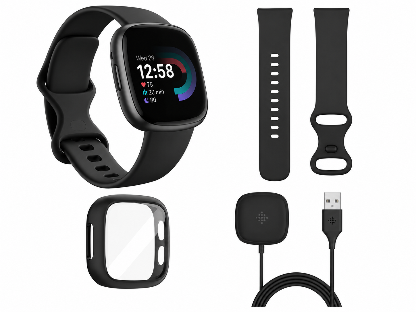 Fitbit Versa 4 Bundle - x2 Wrist Straps, Full Screen Protector