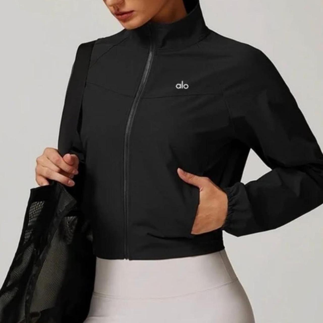 Alo Yoga Women's Black Full Zip Funnel Neck Cotton Rich Gym Jacket