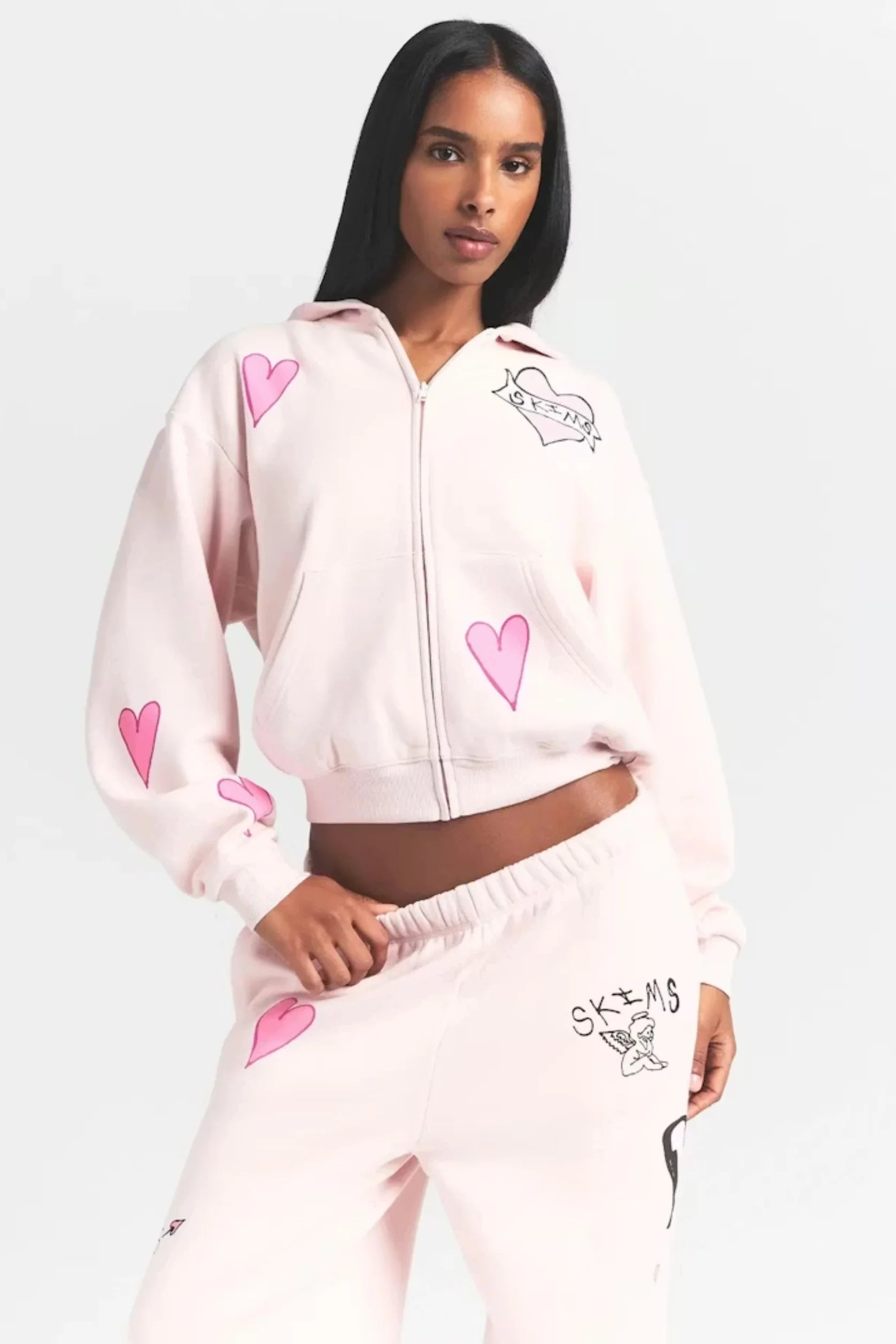 Skims Classic Zip-Up Hoodie + Bottoms Set- Barely Pink