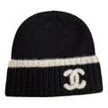 vintage Chanel cashmere and wool black beanie with white CC logo☑️