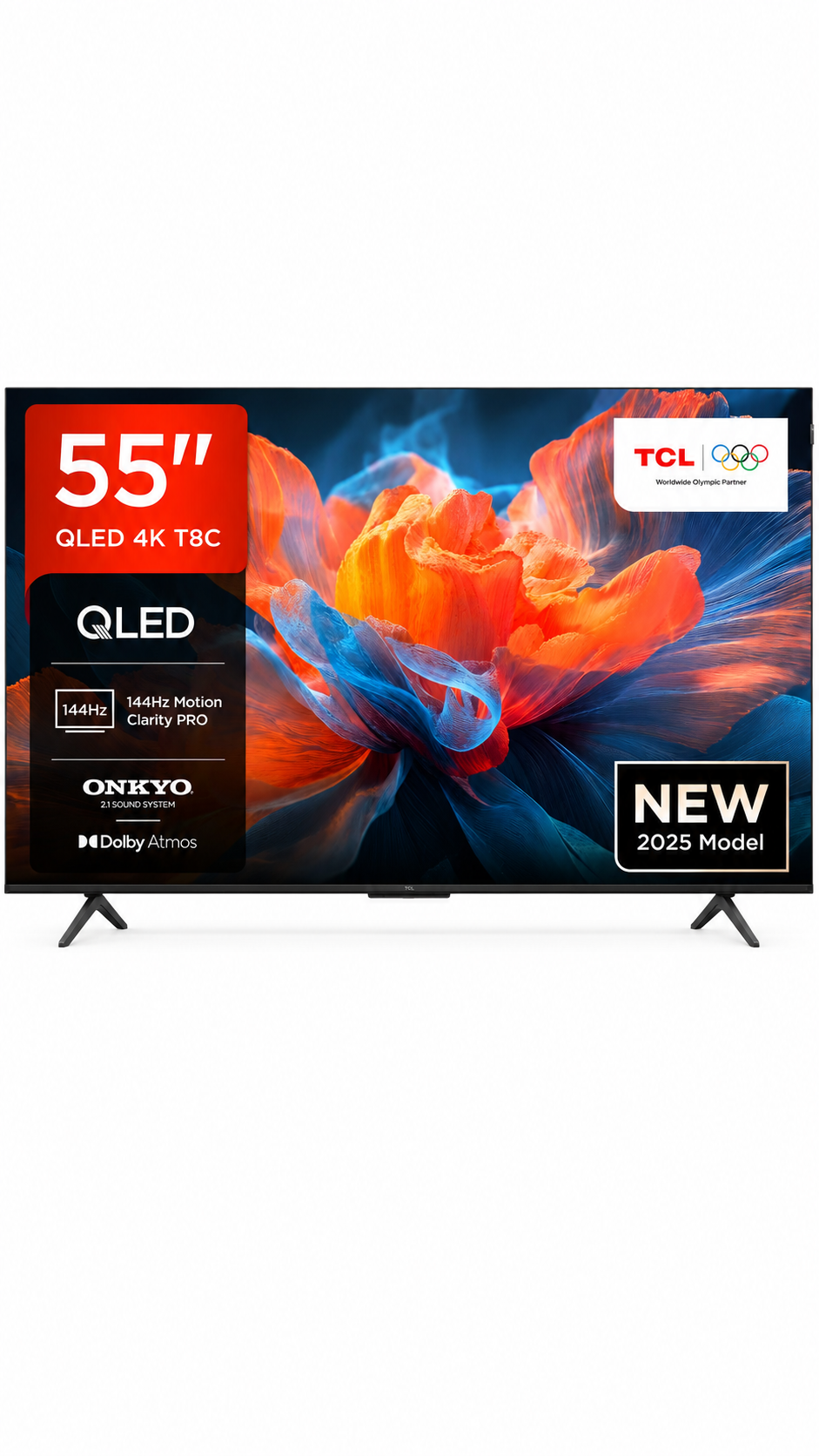 TCL 55T8C-UK 55 Inch 4K 144Hz Gaming QLED Onkyo 2.1 Dolby Atmos Google TV with Dolby Vision & HDR 10+ BBC iPlayer
(2025 Model)
