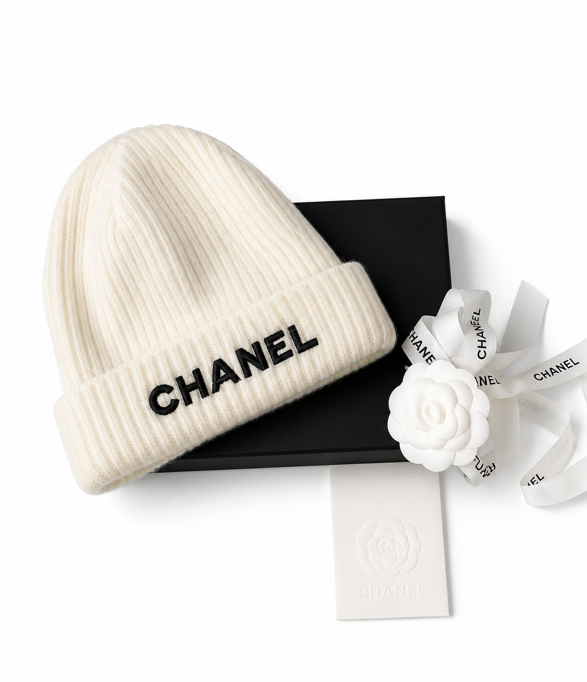 Chanel Sequin Logo White Cashmere Beanie Hat - Authenticity Guaranteed