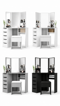 UK Corner Dressing Table Set W/Stool Dresser Desk 5 Drawers & 3 Mirror Bedroom