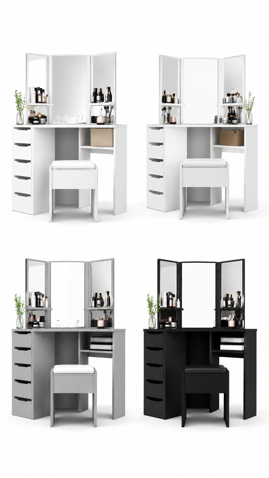 UK Corner Dressing Table Set W/Stool Dresser Desk 5 Drawers & 3 Mirror Bedroom