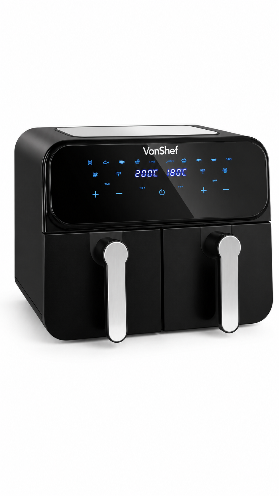 VonShef Dual Air Fryer 9L - Family Size, 2 Drawers & Liners, Smart Finish, 2600W
