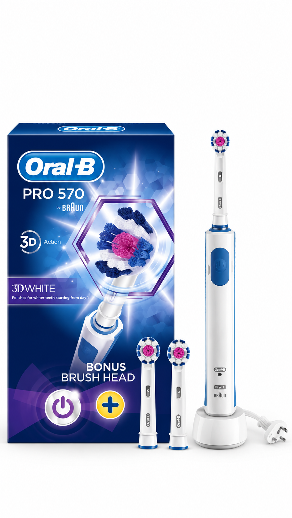 Oral-B Pro 570 Electric Toothbrush - White + Bonus Brush Head